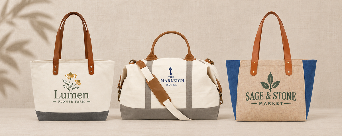 Three customized totes and travel bags with handles