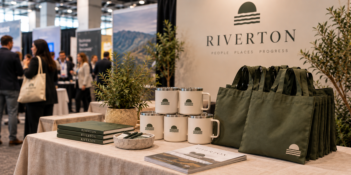 Branded swag on a company booth table at an event