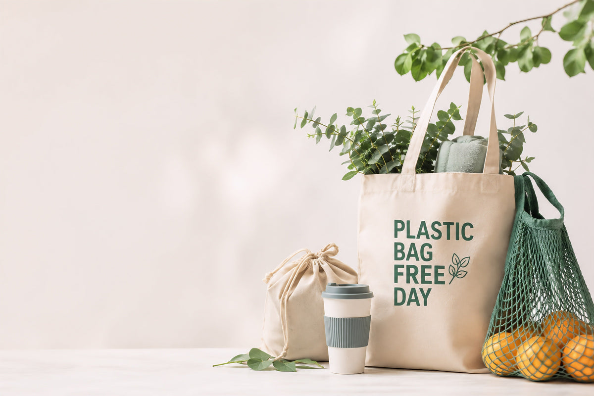 Reusable canvas tote and produce bags with a travel cup and greenery