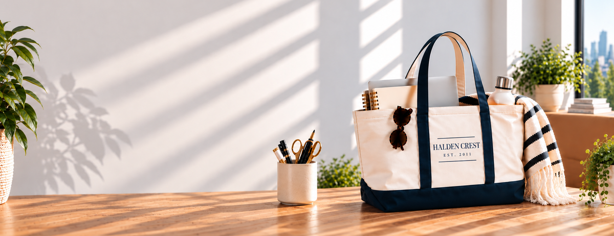 A canvas tote bag with navy blue trim and handles sits on a wooden table in a sunlit room. The bag has a printed logo reading "Halden Crest Est. 2011"