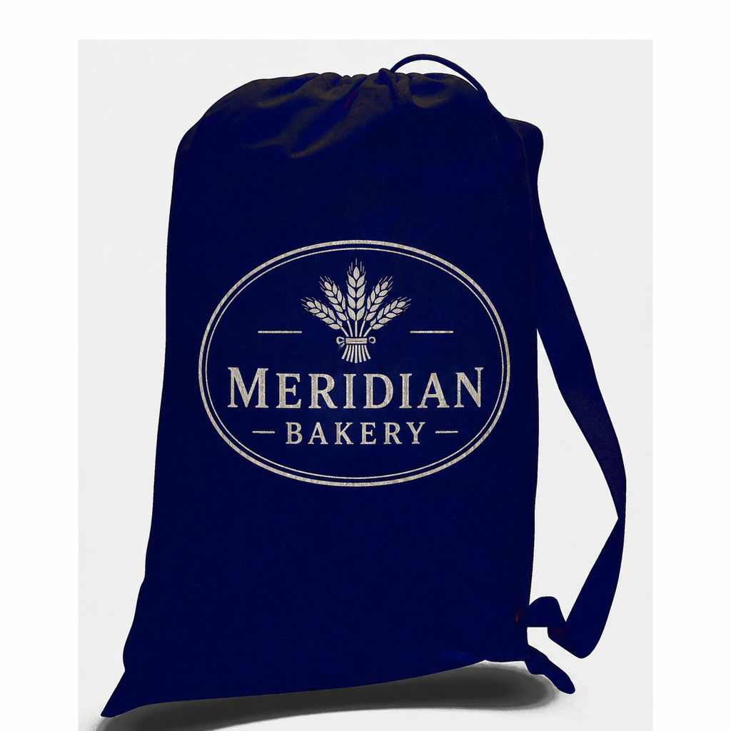 Navy drawstring laundry bag printed with a Meridian Bakery logo