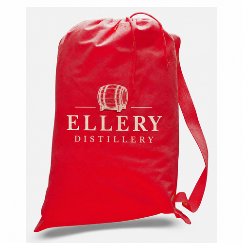 Red drawstring laundry bag printed with an Ellery Distillery logo