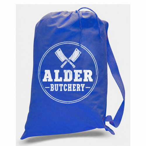 Royal blue drawstring laundry bag printed with an Alder Butchery logo