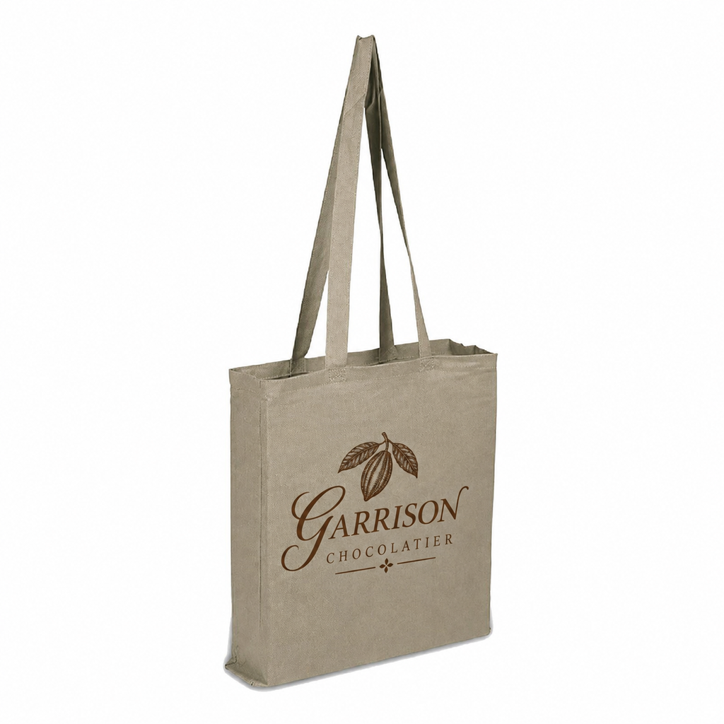 Natural cotton canvas tote bag printed with a Garrison Chocolatier logo