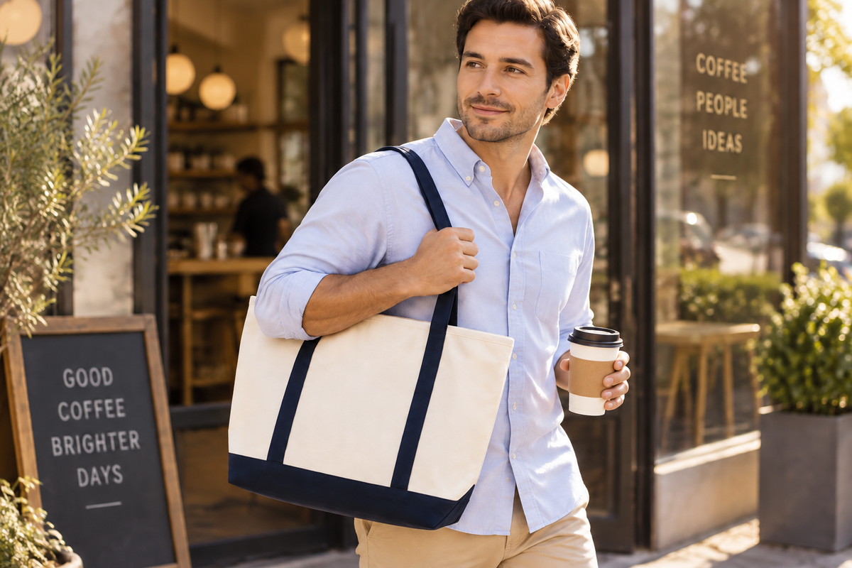 Plain natural and navy canvas tote bag carried outside a coffee shop
