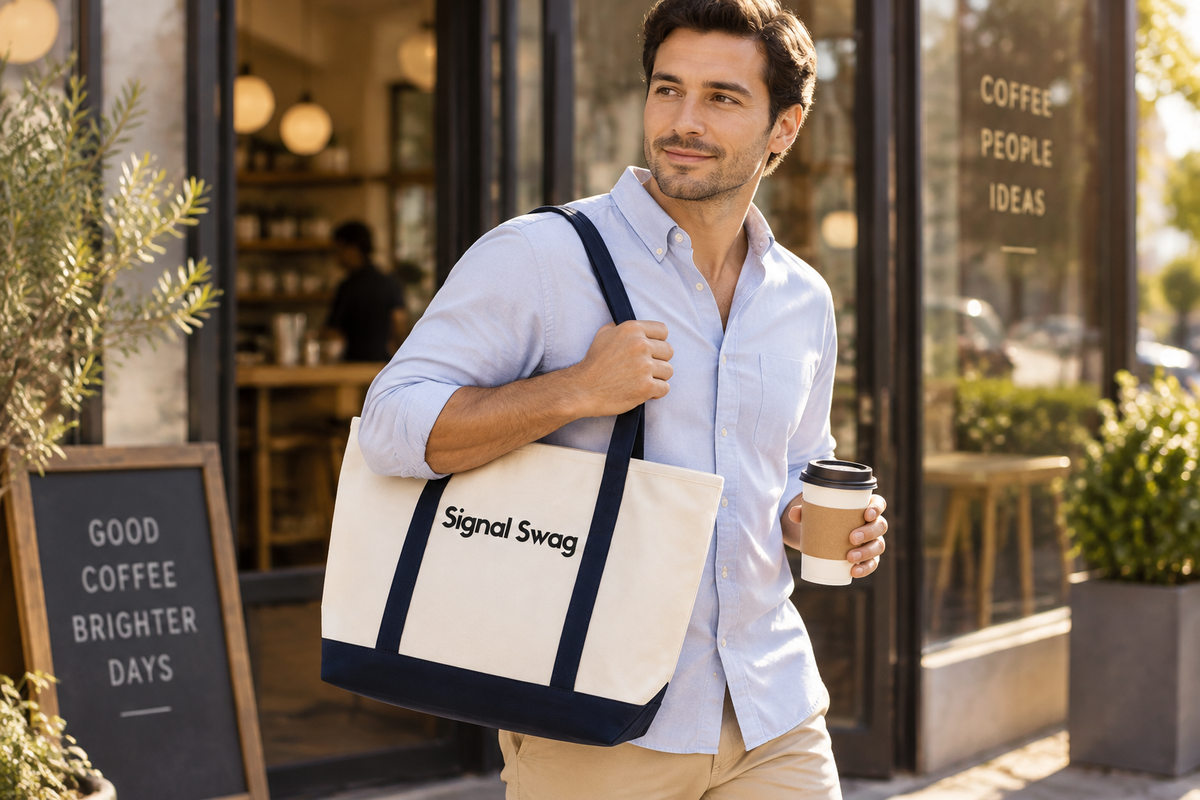 Natural and navy canvas tote bag printed with a custom Signal Swag logo